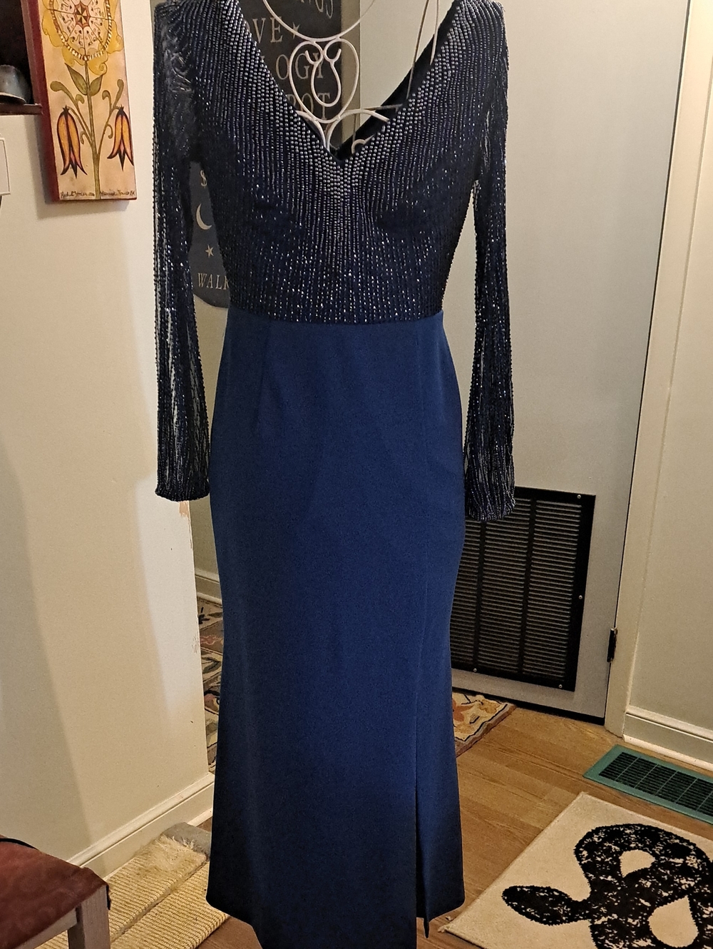 Adrianna Papell Dark Blue Beaded Long-Sleeve Gown, Sz 2